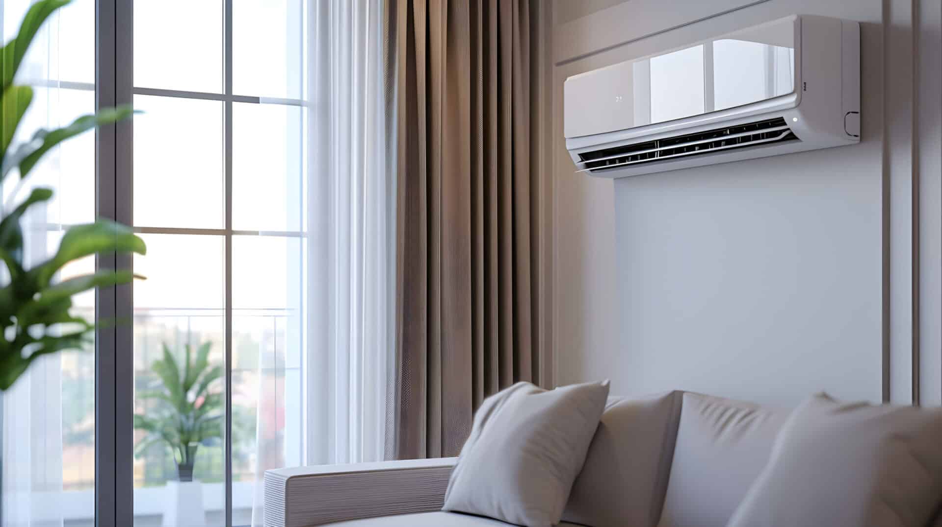 A air conditioner hangs on the wall in a bright room and cools the room A air conditioner hangs on the wall in a bright room and cools the room